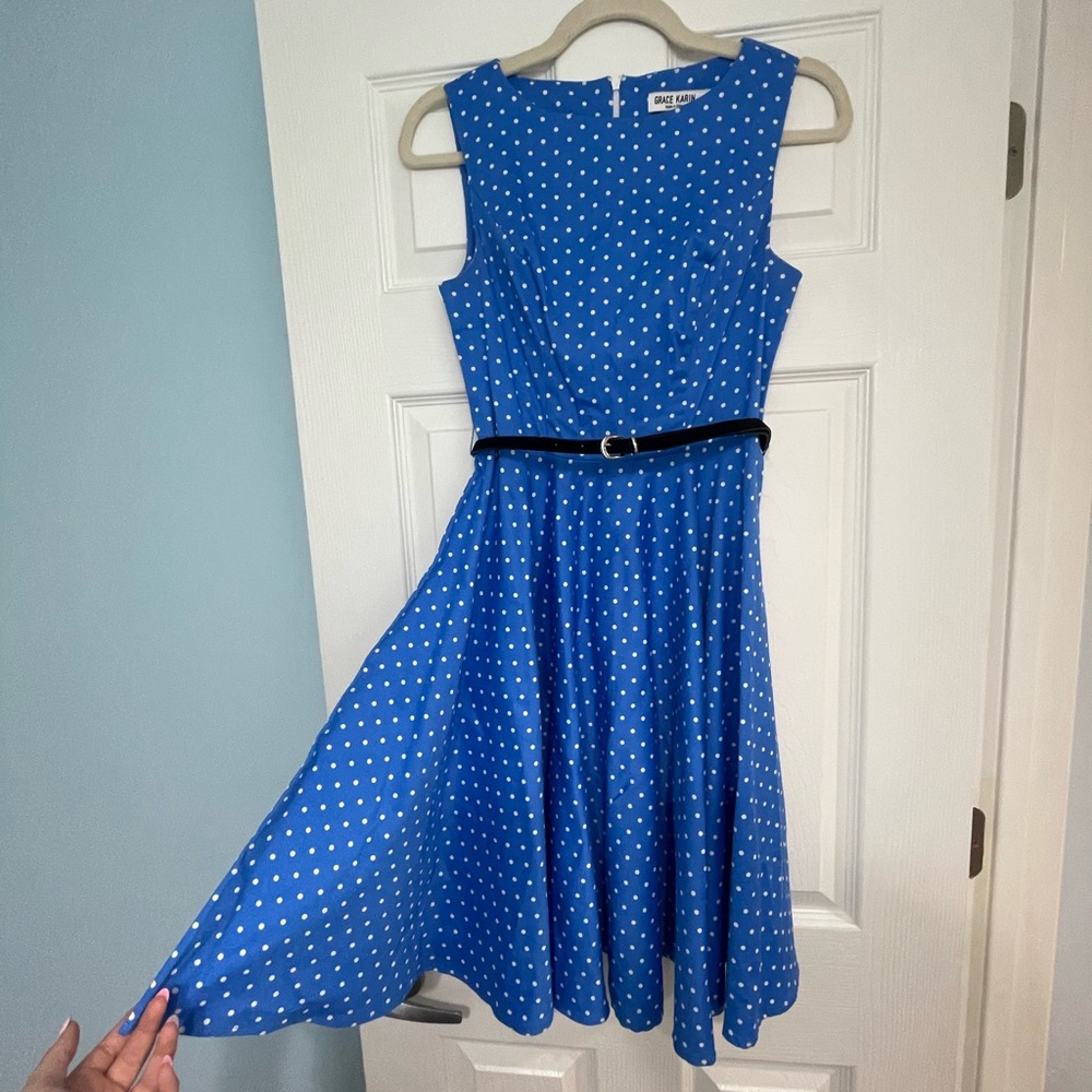 Grace Karin Blue Polka Dot Dress with Black Belt